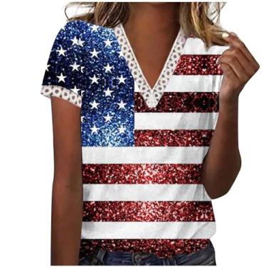 Imagem de MaMiDay Camiseta feminina com bandeira americana, gola V, patchwork, patriótica, blusas de verão de manga curta 2024, A01#vermelho, 3G
