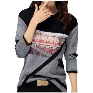 Imagem de Homisy Camisetas femininas modernas de manga comprida com patchwork color block top outono inverno blusas soltas e casuais, F #xadrez cinza, G