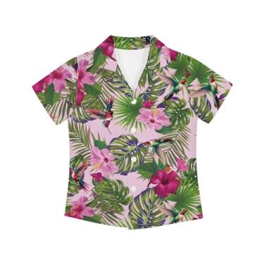 Imagem de Pugasmiru Camisa havaiana unissex infantil, gola alta, botão macio, manga curta, verão para acampamento, Flores tropicais, 13-14 Years
