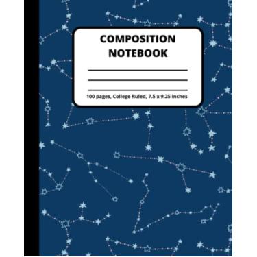Imagem de Caderno de composição: constelações azuis e douradas - Material escolar fofo - Diário de papel pautado universitário - 19 cm x 23,5 cm - 100 páginas (cadernos pautados pela faculdade)