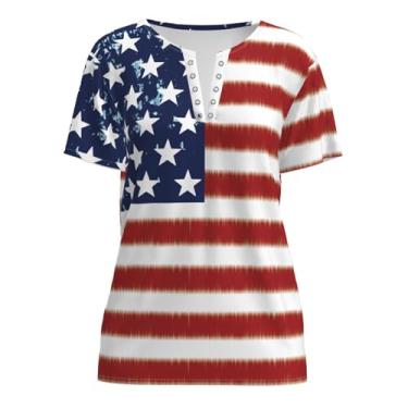 Imagem de Camiseta Patriótica Bandeira Americana 4 de Julho Camiseta feminina American Shirt Stars Stripes Tops Henley Neck Túnica, Azul, G