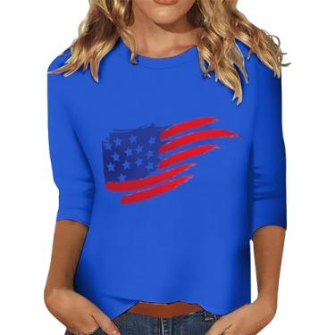 Imagem de Camiseta feminina 4 de julho manga 3/4 Patriótica Dia da Independência Gráfica Bandeira Americana Star Stripe Túnica Blusa, Azul, 3G