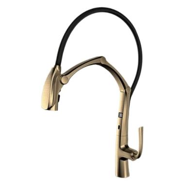 Imagem de Torneira de cozinha cinza com arma de latão luxuosa, sucção magnética por indução inteligente, design pull-out, frio e amp; Torneira para pia quente, ouro escovado2