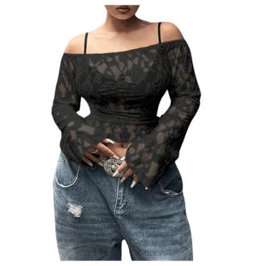 Imagem de Floerns Camiseta feminina plus size com ombros de fora e manga franzida de renda transparente, Preto, GG