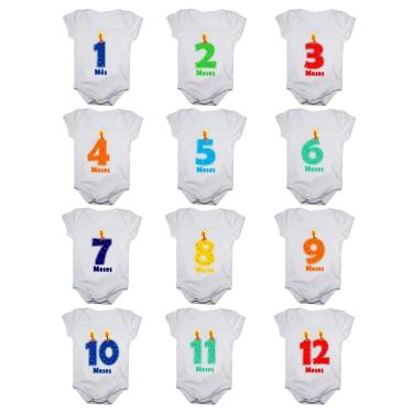 Imagem de Kit 12 Body Bebê Mesversario Manga Curta Números Vela 1 A 12 Meses Masculino-Masculino
