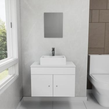 Imagem de Gabinete Armário para Banheiro com Pia Cuba Quadrada Mármore 60cm Balcão Suspenso Branco