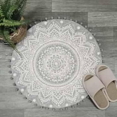 Imagem de Uphome Tapetes de banheiro boêmios redondos de 6,3 cm de diâmetro com franja de pompom, vintage, mandala, veludo, tapete circular macio e antiderrapante para quarto, sala de estar, cinza e creme