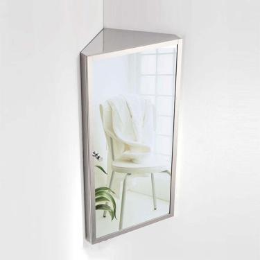Imagem de Armário de canto com espelho, armário de armazenamento de banheiro de aço inoxidável montado na parede com 2 prateleiras e porta de espelho, armazenamento triangular suspenso para espaço peq