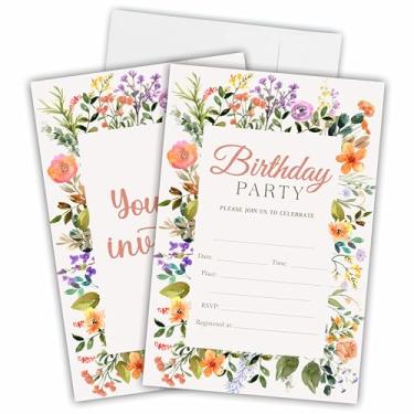 Imagem de Convites de aniversário florais coloridos, convites de festa para crianças, meninas, celebração de aniversário, suprimentos de festa e decorações (20 cartões e envelopes) - A03