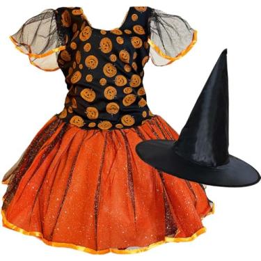 Imagem de Fantasia Vestido Bruxinha Roupa Infantil Criança Chapéu Luxo (Laranja Abóbora Terror, GG (veste 9-11 anos))