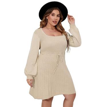 Imagem de Vestido feminino plus size casual gola quadrada manga lanterna longa gravata cintura pulôver pulôver solto, Damasco, GG