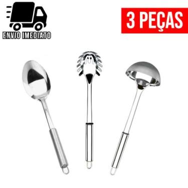Imagem de Kit 3 Utensílios para Cozinha Aço Inoxidável Colher de Arroz e Concha 