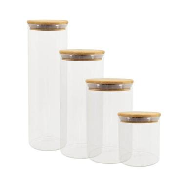 Imagem de Potes de Vidro P/ Mantimentos C/ Tampa Bambu Oikos - 4 Pçs, U, NATURAL