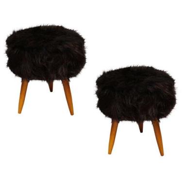 Imagem de Kit 02 Puffs Banqueta Luxo Redondo Pelúcia Preto Pêlo Alto Pés Madeira