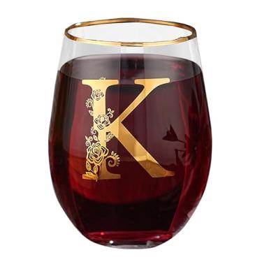 Imagem de Taça de vinho com monograma floral sem haste exclusiva gravada com inicial para tinto ou branco 425 g copo de vinho letra K - presentes para mulheres, homens, presentes de aniversário, Natal,