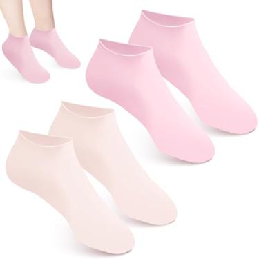 Imagem de 2 pares de meias de silicone para pedicure, meias hidratantes de spa para mulheres, meias macias de gel para pés e calcanhares rachados secos (rosa, bege)