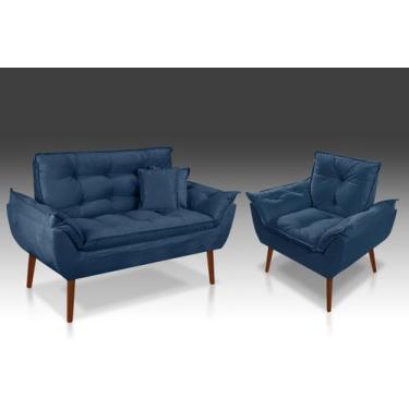 Imagem de Kit 1 Namoradeira + 01 Poltrona Opala + 02 Almofadas Suede Azul Marinh