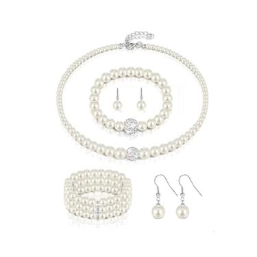 Imagem de Conjunto de joias de pérolas, colares de pérolas para mulheres, brincos de gota de pérolas, strass, pulseira de pérolas, bijuterias de fantasia, Adjustable, Metal, Sem Pedra Preciosa