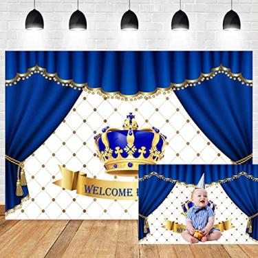 Imagem de DORCEV Pano de fundo de chá de bebê de 3 x 2,1 m Welcome Prince Navy Blue Crown Grid Curtain Royal Luxury Photography Background Baby Shower Revelar recém-nascido anúncio festa banner adereços de