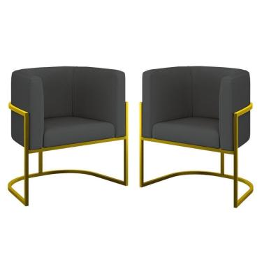 Imagem de Kit 02 Poltronas Lua Sala Decorativa Base Ferro Gold Corino Cinza