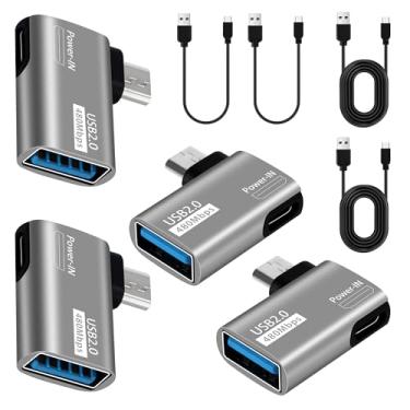 Imagem de Pacote com 4 adaptadores de cabo OTG para Fire TV Stick, adaptador micro USB para USB OTG com ângulo esquerdo e direito de 90 graus para telefone Android e mais dispositivos host com micro USB (com 2