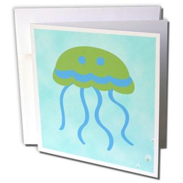 Imagem de 3dRose Adorável água-viva azul e verde - Cartões comemorativos, 15 x 15 cm, conjunto de 6 (gc_109806_1)