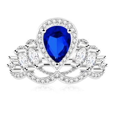 Imagem de Vivaday Anel feminino em forma de gota ajustável em formato de coroa, design vintage, anel de aniversário em forma de pêra banhado a platina para mulheres YA4666, Cristal, Zircônia cúbica