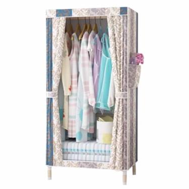 Imagem de Guarda-roupa Armário de guarda-roupa resistente dobrável grosso madeira maciça montado oxford pano único tecido dormitório aluguel pano guarda-roupa armário