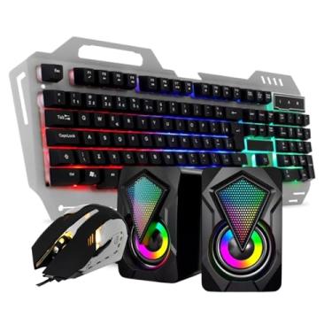 Imagem de Teclado Gamer Semi Mecanico, Mouse Gamer 6 Botões 2400 Dpi e Caixa de Som 6W RMS LED RGB - Kit Gamer (Cinza)