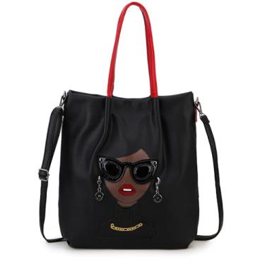 Imagem de ENJOININ Bolsas modernas para mulheres, novidade, rosto feminino, alça superior, bolsa de ombro descolada, bolsa de ombro, Preto, B, Medium