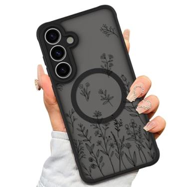 Imagem de AIGOMARA Capa magnética para Samsung Galaxy S25 Plus [compatível com MagSafe] linda capa floral de flor preta para mulheres e meninas capa fina protetora de TPU macio com policarbonato rígido