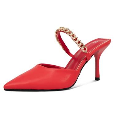 Imagem de Jeesay Sandália feminina de bico fino salto alto correntes douradas Mary Jane, Vermelho, 36