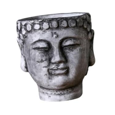 Imagem de Generic Plantador de cabeça de buda, recipiente de flores de planta, vaso de flores decorativo de cimento colecionável para restaurante, sala de estar, pátio, Cinza