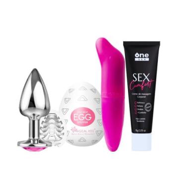 Imagem de Kit Plug Anal Tamanho P Vibrador Ponto G Liso Creme de Massagem Anal S