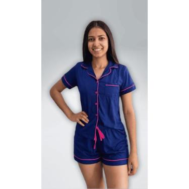 Imagem de Pijama Americano Azul Marinho com Botões e Detalhes Rosa - Madame Didi