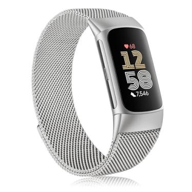 Imagem de Pulseira de metal compatível com Fitbit Charge 6 para mulheres e homens, pulseira de substituição magnética de malha de aço inoxidável para Fitbit Charge 6/Charge 5 Fitness Tracker (prata)