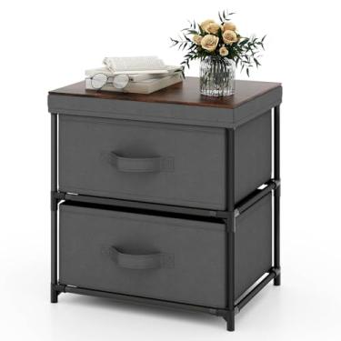 Imagem de Giantex Mesa de cabeceira com 2 gavetas de tecido, cômoda de armazenamento pequena com moldura de metal e tampo de madeira para armário, mesa de cabeceira de 2 gavetas com tampa removível para