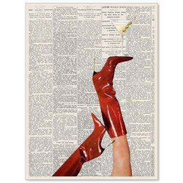 Imagem de Lianxiaw Martini Girly Red Boot Wall Art Vintage Feminist Cocktail Poster Preppy Newspaper Alcohol Estética Impressões para Bar Carrinho Dormitório Quarto Decoração de Parede 30 x 40 cm Sem Moldura