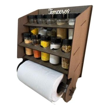 Imagem de Organizador Porta Temperos Condimentos Luxo Premium 10 Potes De Tempero e Etiquetas Com Suporte Para Papel Toalha (Marrom Madeira)