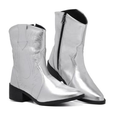 Imagem de Bota Texana Prata Feminina Country Bico Fino Bordada Western - PelePin