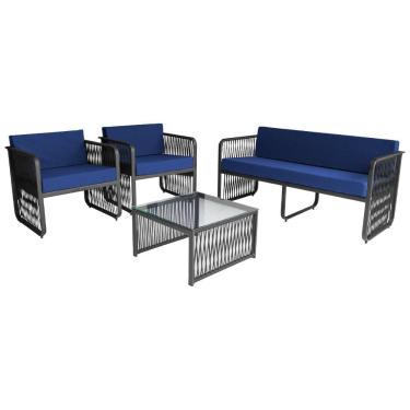 Imagem de Conjunto 2 Poltronas 1 Namoradeira e 1 Mesa de Centro Santiago em Alumínio e Corda Náutica Acesse Móveis