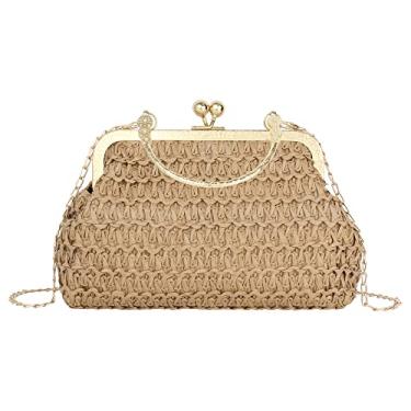 Imagem de Bolsa feminina de metal com alça superior de palha e alça transversal com alça de corrente, Caqui, One Size