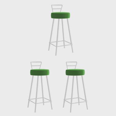 Imagem de Kit 03 Banqueta Alta Com Encosto Tina Eiffel Cozinha Bar Bistrô Ferro Branco Corino Verde - Ahazzo Móveis