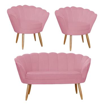 Imagem de Conjunto Pétala Namoradeira e 2 Poltronas Para Sala de Estar Suede Rosa Barbie - dl Decor