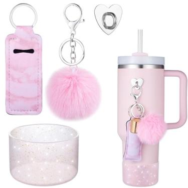 Imagem de FXTBE Bota de silicone para Stanley Cup 1,134 g, botas com glitter para Stanley Quencher 30 567 g, capa inferior para Hydroflask 1,134 a 340 g, chaveiro pompom, suporte de batom para acessórios