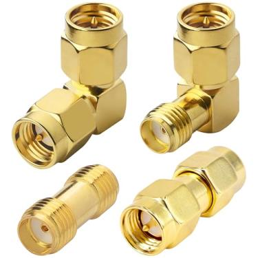 Imagem de Kaunosta Kit adaptador coaxial RF SMA/RPSMA, pacote com 4, SMA/RPSMA conector de antena macho para fêmea, conectores coaxiais retos e de 90 graus para roteador WiFi, antena, SDR, rádio, dispositivos