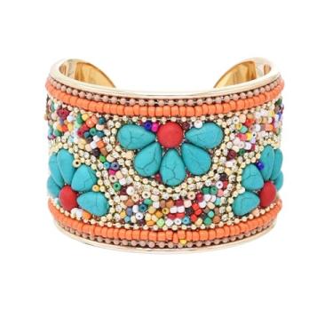 Imagem de Pulseiras femininas de pedra turquesa boêmia, empilhável, multicamadas, contas feitas à mão, pulseira larga feita à mão, joia boho moderna para melhores amigas, delicada, hippie, charmosa pulseira