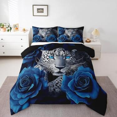 Imagem de jejeloiu Conjunto de edredom de leopardo para meninas, meninos, crianças, Queen, estampa de guepardo, rosa azul, 3 peças, decoração de estilo de vida selvagem, respirável, macio e leve de microfibra