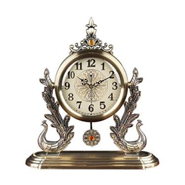 Imagem de Relógio de mesa, relógio de mesa com pêndulo estilo europeu leve relógio de mesa de metal luxuoso sala de estar relógio de mesa mudo ornamentos pavão decoração relógio de assento relógio de mesa