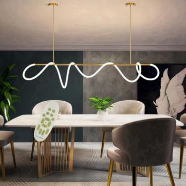 Imagem de ASDMD Luminárias Pendentes De 47 Pol. Para Ilha De Cozinha, Lustre Led De 21 W Com Controle Remoto, Luminária Pendente Linear De Alumínio Para Sala De Jantar, Cozinha, Ilha E Bar (Dourado, 47 Pol.)